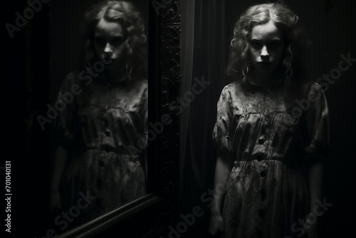 Horror, fantasy, states of mind, psychology concept. Scary looking woman portrait reflection in mirror. Black and white image