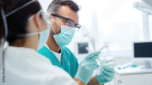 Surgeon or dentist wearing blue scrubs  a surgical mask  goggles  and a hair cap  holding instruments  preparing for a procedure in a clinical setting with bright lighting.