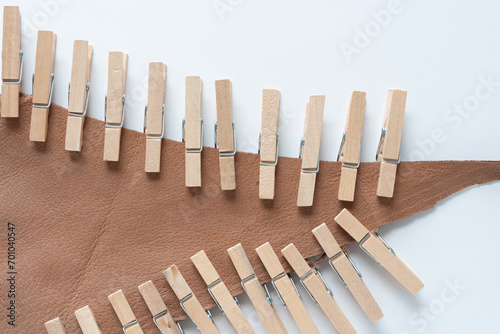 set of crafting clothespins and triangle leather shape on paper