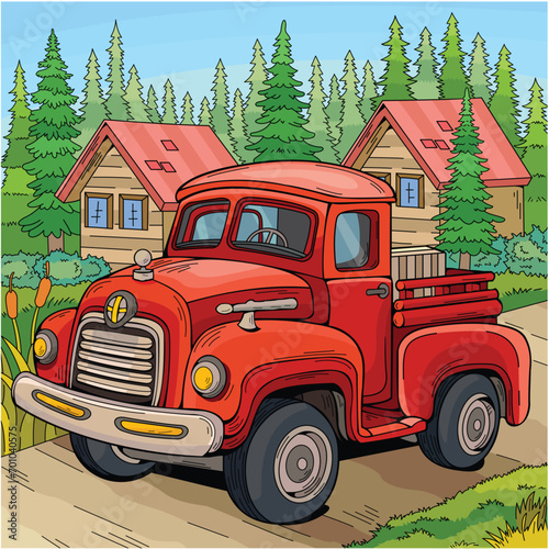 A Cartoon Illustration Of A Red Truck In The Countryside. Old Red Pickup Truck Vector Illustration. Cartoon Truck Scenery. Red Truck In Front Of Two Houses. Old Vintage Red Truck.