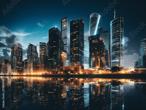 Gleaming skyscrapers bathed in vibrant city lights  towering majestically against the night sky s canvas.