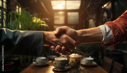 Handshake with effect, teamwork, partnership concept, business communication Close-up