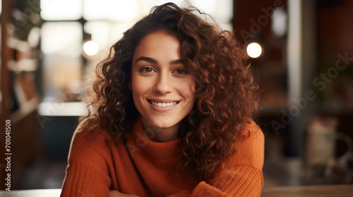 Smiling woman with curly hair in a warmly lit room
