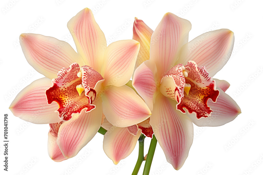 Top side closeup macro view of A collection two, three cymbidium flowers isolated on a white background PNG Top side closeup macro view of A collection two, three cymbidium flowers isolated on a white background PNG