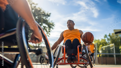 Male wheelchair basketball players in action on an court