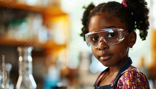 Young African American girl in protective goggles in a science lab setting