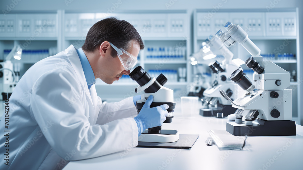 Scientist using a microscope in a laboratory setting Scientist using a microscope in a laboratory setting