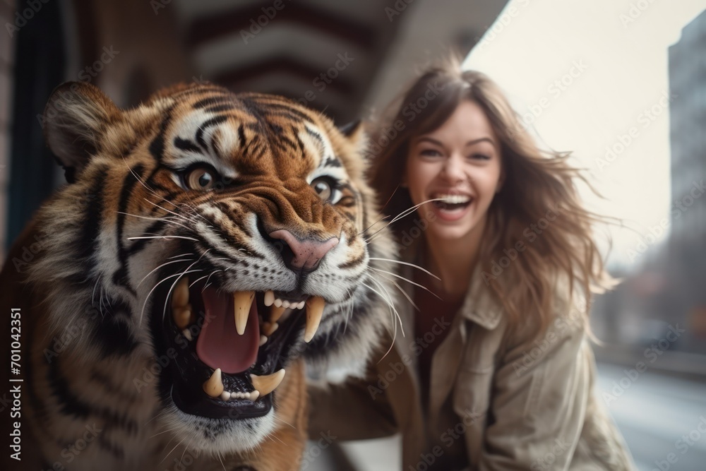 beautiful young woman playing and roaring with tiger - obrazy, fototapety, plakaty 
