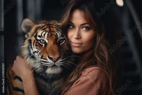 beautiful young woman hugs and playing with tiger photo