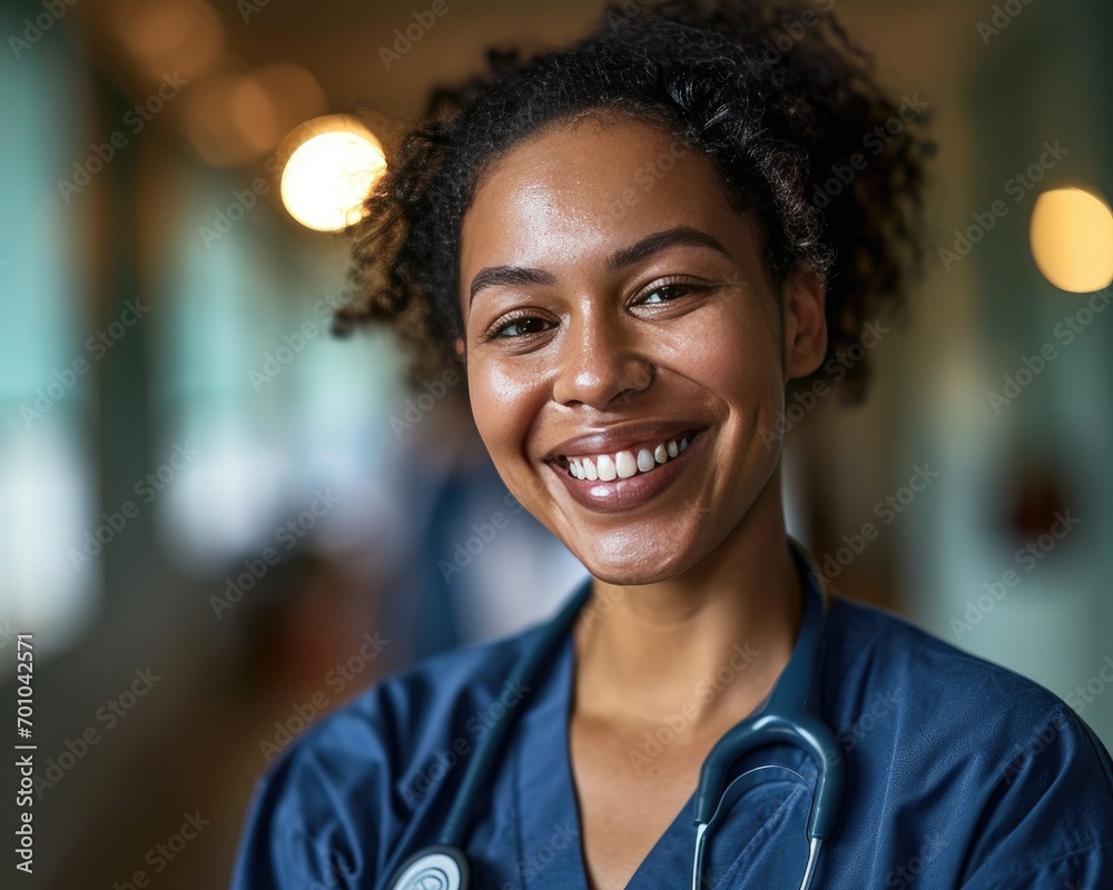 Smiling young African American nurse in healthcare setting
