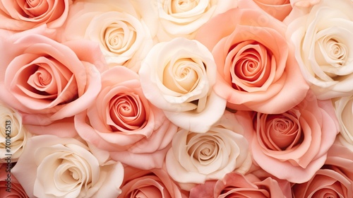 A top view of beautiful pink roses in various shades  forming a floral background texture