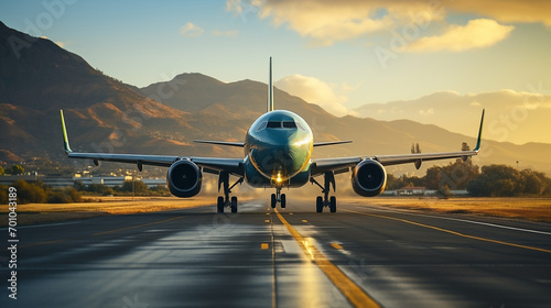 An airplane is landing on a runway at the airport in beautiful sunset light.