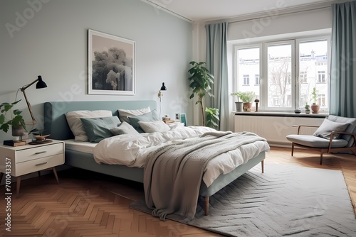 Mid-century Scandinavian bedroom in Copenhagen, featuring a platform bed, textured rugs, and a serene color palette © CREATER CENTER