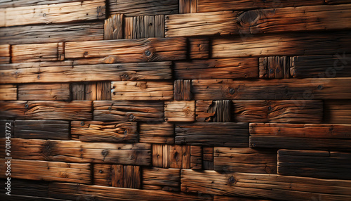 A rustic and detailed depiction of an old wooden background. The wooden planks are weathered and aged, with a rich texture that includes cracks. Created by using generative AI tools