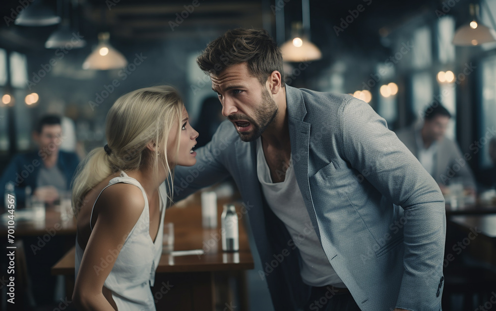Homem nervoso e ciumento brigando com mulher triste sofre em estabelecimento comercial