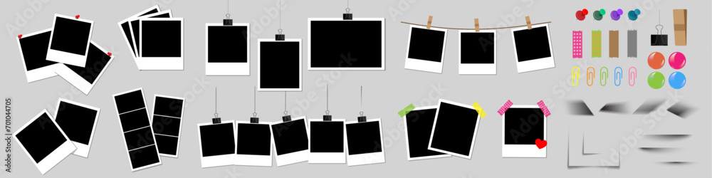 set of combination of polaroid photos. empty photo mockup template, pins, tapes, and shadows collection