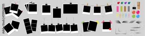 set of combination of polaroid photos. empty photo mockup template, pins, tapes, and shadows collection