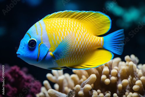 Vibrant yellow and blue fish swimming near coral