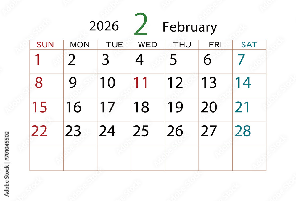 2026年カレンダー2月 2026年カレンダー2月