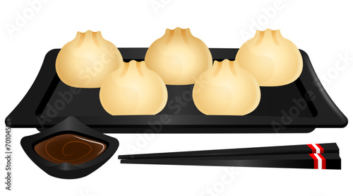 Chinese Dumplings with Sauce and Chopsticks 