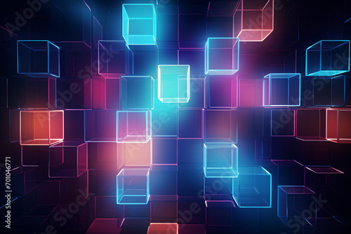 Neon light squares in a futuristic blue and pink grid