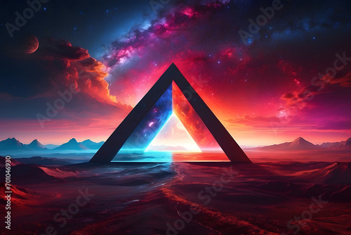 Abstract landscape with an arrow in the form of a triangle and neon lights. Fantasy alien planet. Mountain and lake. Generative AI