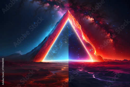 Abstract landscape with an arrow in the form of a triangle and neon lights. Fantasy alien planet. Mountain and lake. Generative AI