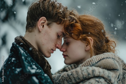 Young couple in love kissing in the winter forest. Man and woman in love