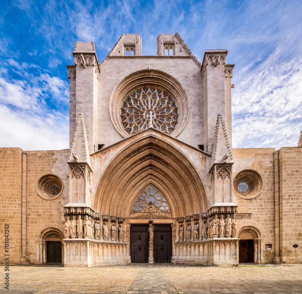 Tarragona Cathedral - The South East facade of Tarragona Metropolitan Cathedral from Pla de la Seu in Tarragona, Spain.