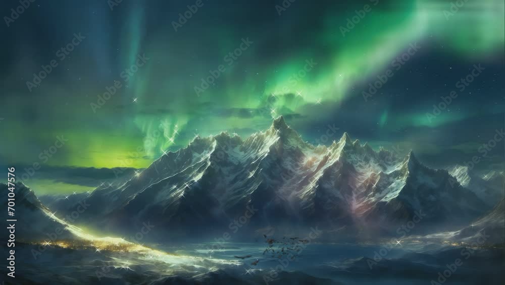 Aurora atmosphere landscape of stunning night sky, mountains, lakes, winter, with simple animation in Japanese anime watercolour style. A smooth looping video perfect for your projects.