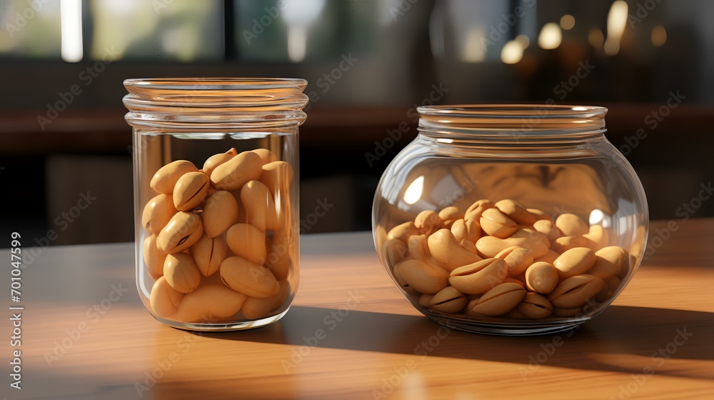 Two glass jars with pistachios on the table in the cafe, closeup Two glass jars with pistachios on the table in the cafe, closeup