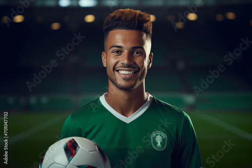 Cheerful Athlete: Wide-Angle Football Portrait
