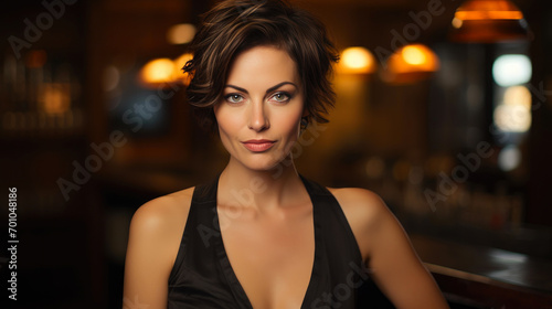 Alluring Woman in 40s, Short Hair, Glamorous Bar Scene