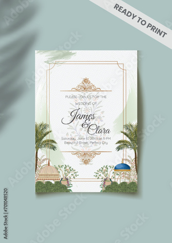 watercolor and leaves on wedding invitation card template, Wedding Invitation Template Layout With Indian Couple, wedding decorative colorful, peacocks, and tropical trees. (ID: 701048520)