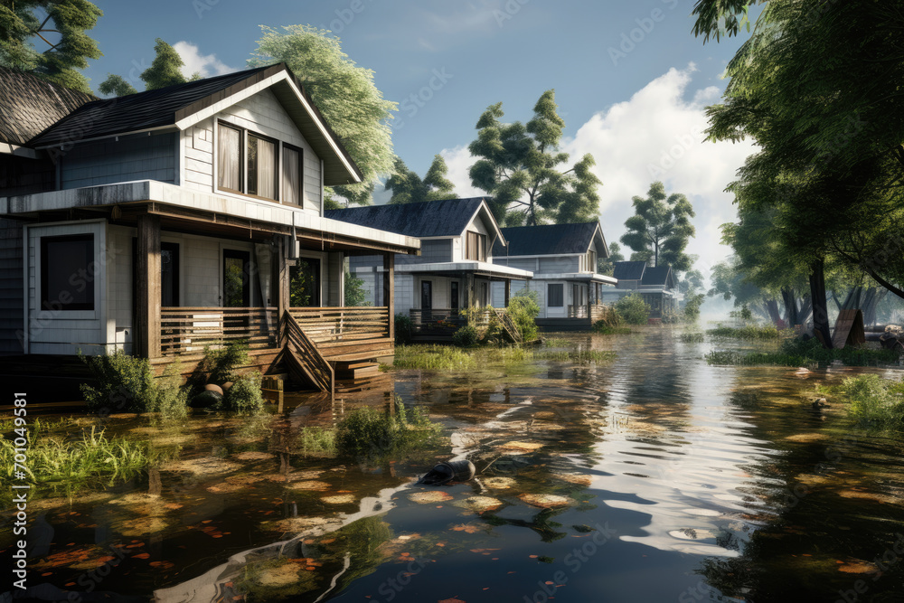 Flooded houses in the city due to rising water levels in the river Flooded houses in the city due to rising water levels in the river