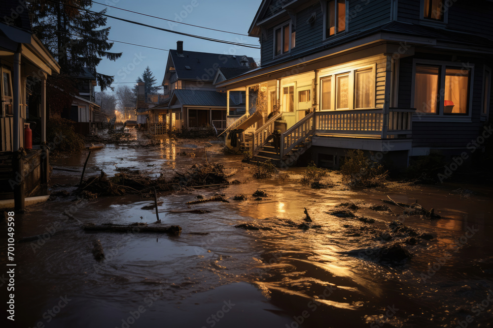Flooded houses in the city due to rising water levels in the river