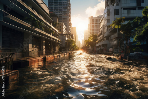 Flooded modern city with multi-storey buildings, natural flood