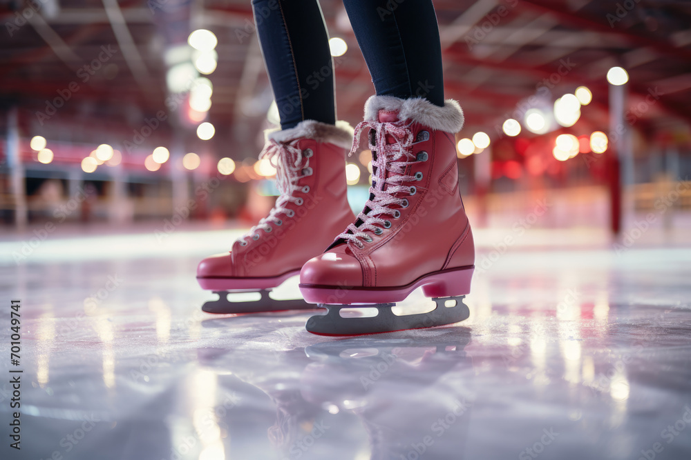 Naklejka premium close-up of women's legs on skates on the ice arena, skating rink