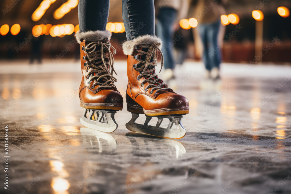 close-up of women's legs on skates on the ice arena, skating rink