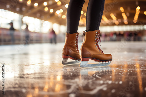 close-up of women's legs on skates on the ice arena, skating rink