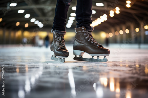Legs in skates on a skating rink in an ice arena