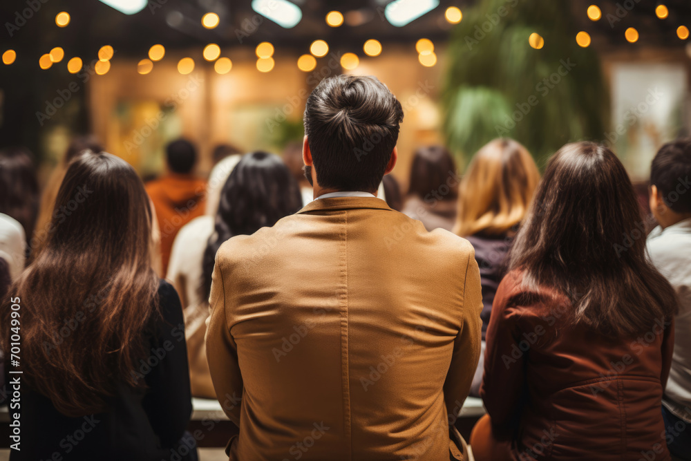 Group of people watching concert or seminar