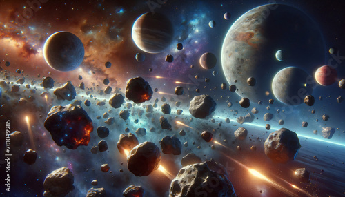  A science fiction concept showcasing meteorites in deep space, with distant planets in the background. Created by using generative AI tools