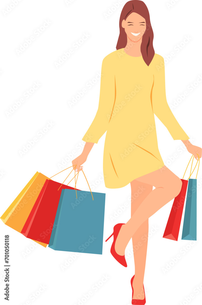 Smiling woman holds paper shopping bags in her hands. Vector illustration. Transparent background