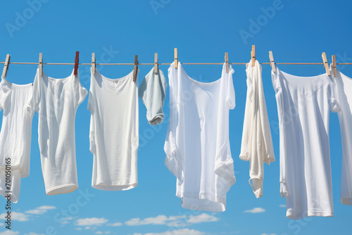 Snow white clothes shrink after washing on a clothesline against a blue sky