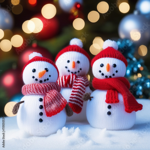 Little Snowmen Knitted on Soft Snow on The Background of Christmas Decorations
