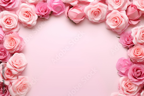Pink Roses Frame with Copy Space on Abstract Background. Perfect for Valentine's Day Card, Postcard, Romantic Greetings