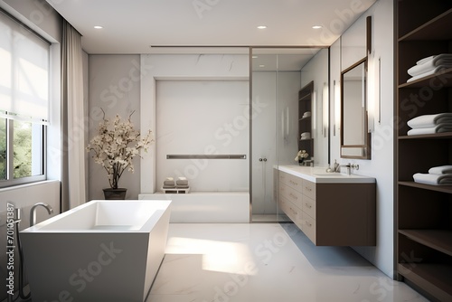 Modern classic minimalist bathroom in a residential setting  emphasizing clean lines  high-end fixtures  and a serene ambiance
