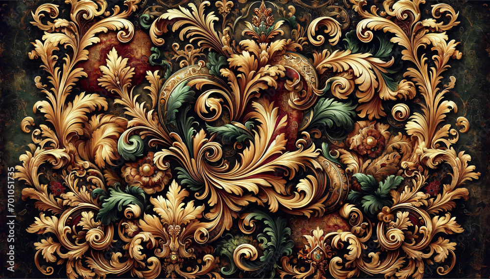 A rich, Baroque-style texture, featuring intricate patterns and designs reminiscent of 17th-century European art. Created by using generative AI tools