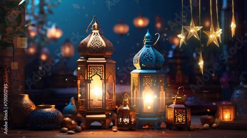 Ramadan decoration with arabic lantern and candle illuminates in the night. Seamless Animation 4K Video Background.